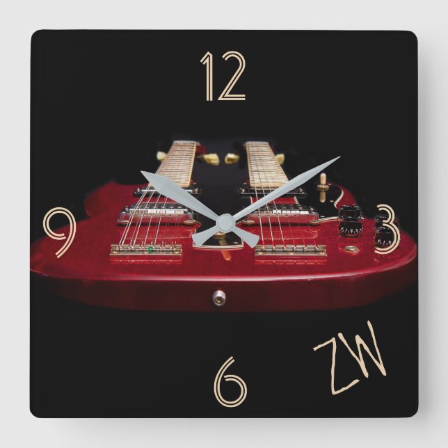 Double Neck Red Electric Guitar Square Wall Clock (Front)