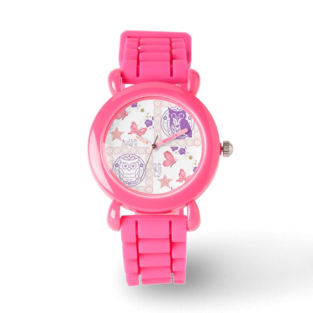 Double Owls and Butterflies Pink Kids Watch (Front)