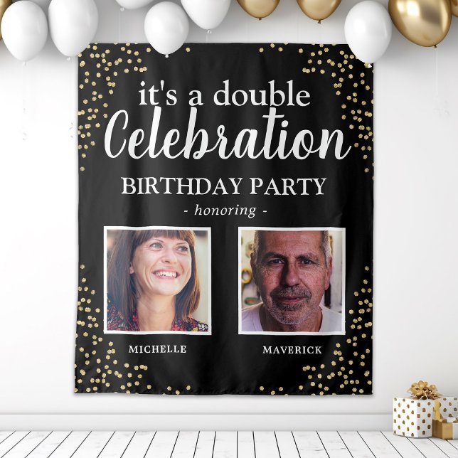 Double Photo Black Gold Birthday Banner Tapestry (Creator Uploaded)