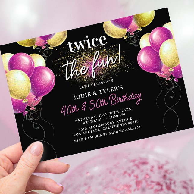 Double Pink and Gold Balloon Joint Birthday Invitation (Creator Uploaded)