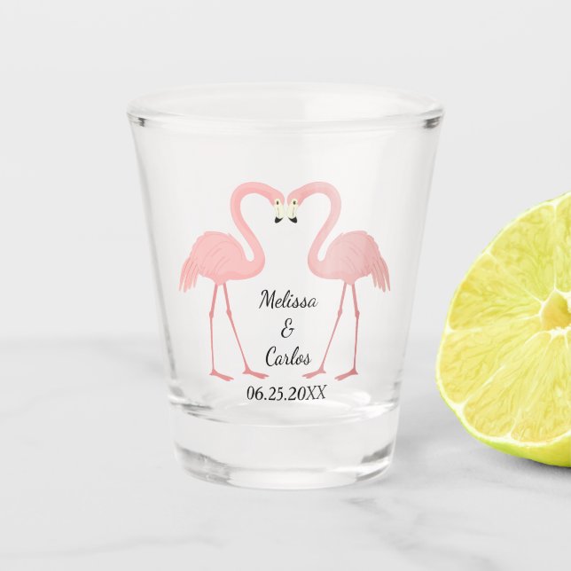 Double Pink Flamingo Wedding Keepsake Shot Glass (Front)