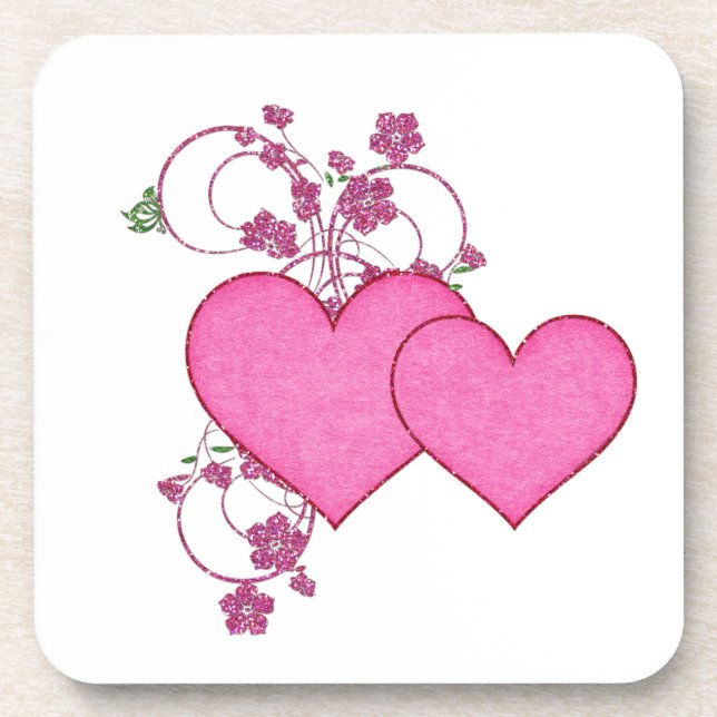 Double Pink Heart & Glitter Design Valentine's Day Coaster (Front)