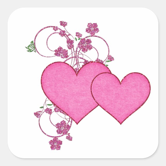 Double Pink Heart & Glitter Design Valentine's Day Square Sticker (Front)