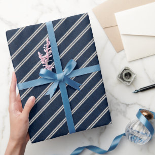 Double Pinstripes Navy Blue Ivory Weave Look Wrapping Paper