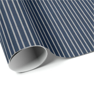 Double Pinstripes Navy Blue Ivory Weave Look Wrapping Paper