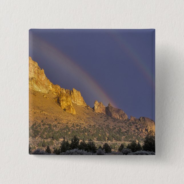 Double rainbow over a rock formation near Smith 15 Cm Square Badge (Front)