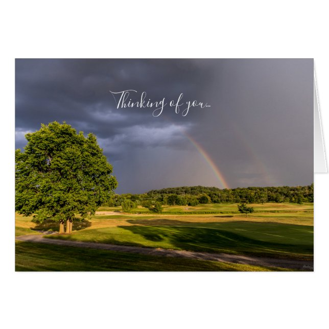 Double Rainbow Through Rain Thinking Of You Card (Front Horizontal)