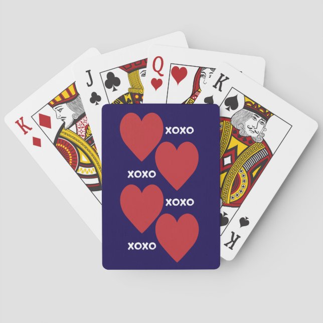 Double red heart and xoxo pattern on blue playing cards (Back)