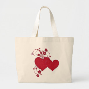 Double Red Hearts & Glitter Design Valentine's Day Large Tote Bag