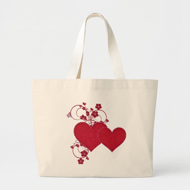 Double Red Hearts & Glitter Design Valentine's Day Large Tote Bag (Front)