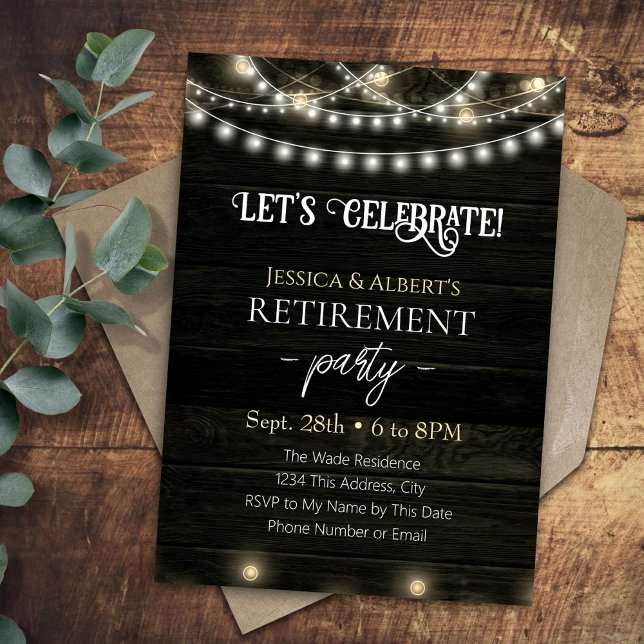 Double Retirement Party Rustic Wood Lights Invitation (Creator Uploaded)