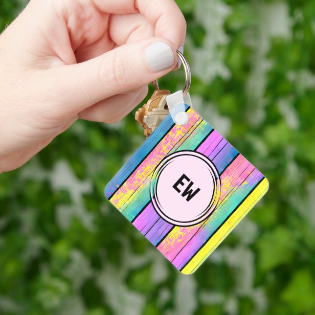 Double sided 2 photos add initials pink key ring (Hand)