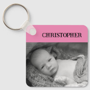 Double sided 2 photos add names pink key ring