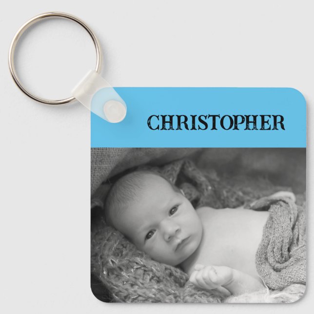 Double sided 2 photos add names sky blue key ring (Front)