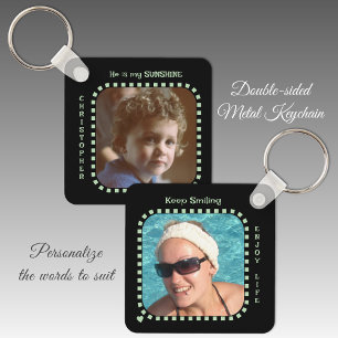 Double sided 2 photos name black green key ring