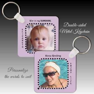 Double sided 2 photos name sunshine purple key ring