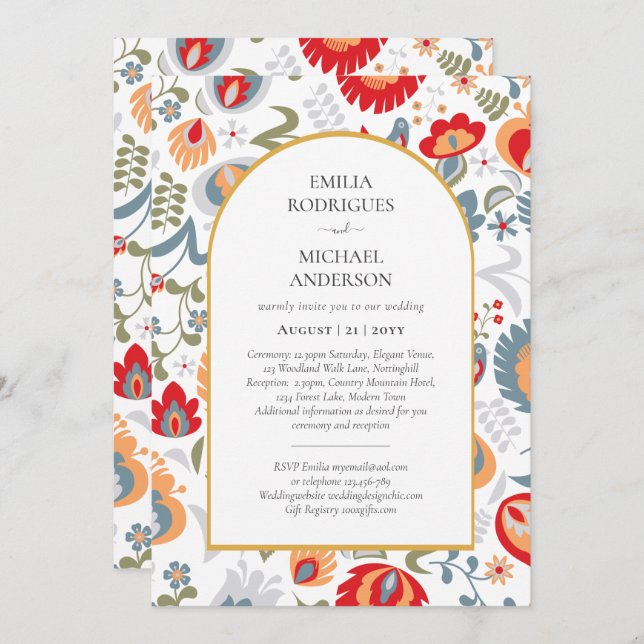 Double Sided BILINGUAL Wedding Folk Art Flowers In Invitation (Front/Back)