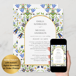 Double Sided BILINGUAL Wedding Folk Art Flowers Invitation