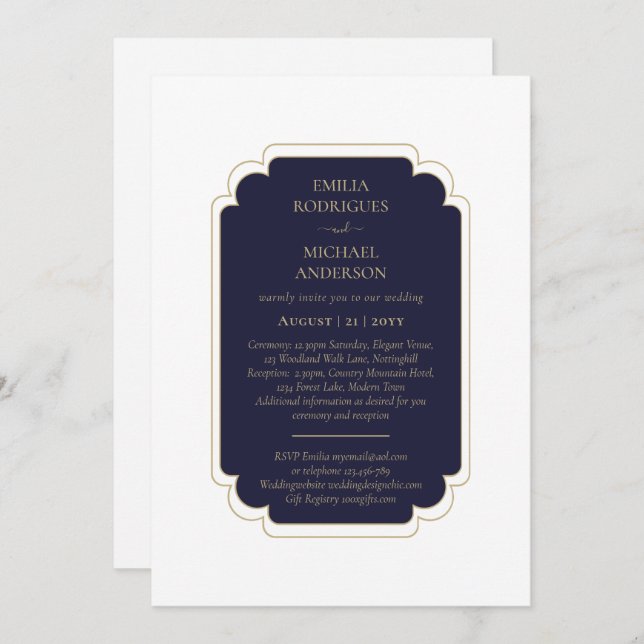 Double Sided BILINGUAL Wedding Navy Blue Invitation (Front/Back)
