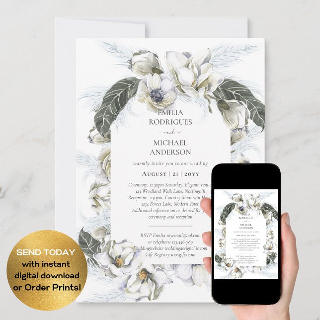 Double Sided BILINGUAL Wedding White Blue Floral Invitation (Creator Uploaded)