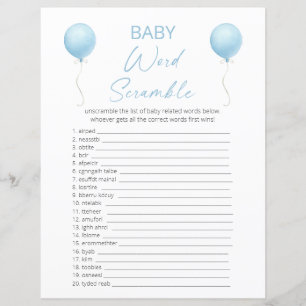 Double Sided Blue Balloon Baby Shower Game Card