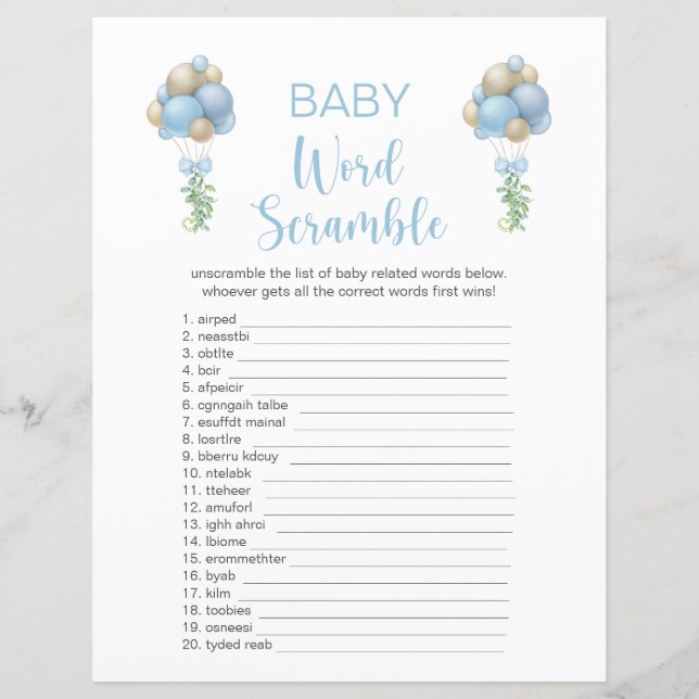 Double Sided Blue Balloons Baby Shower Game Card (Front)