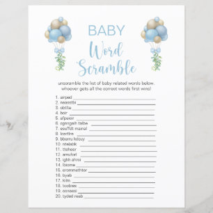 Double Sided Blue Balloons Baby Shower Game Card