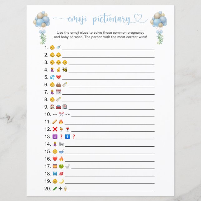 Double Sided Blue Balloons Emoji Pictionary Game (Front)