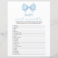 Double Sided Blue Bow Baby Shower Game Card