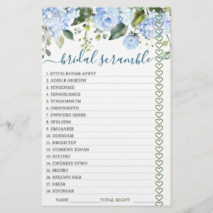 DOUBLE SIDED Blue Hydrangea Bridal Shower Game