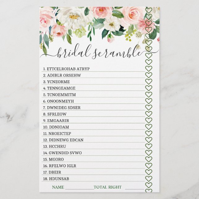 DOUBLE SIDED Blush Pink Flowers Bridal Shower Game (Front)