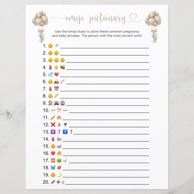 Double Sided Boho Balloons Emoji Pictionary Game (Front)