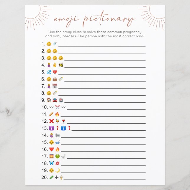 Double Sided Boho Sun Emoji Baby Shower Game Card (Front)