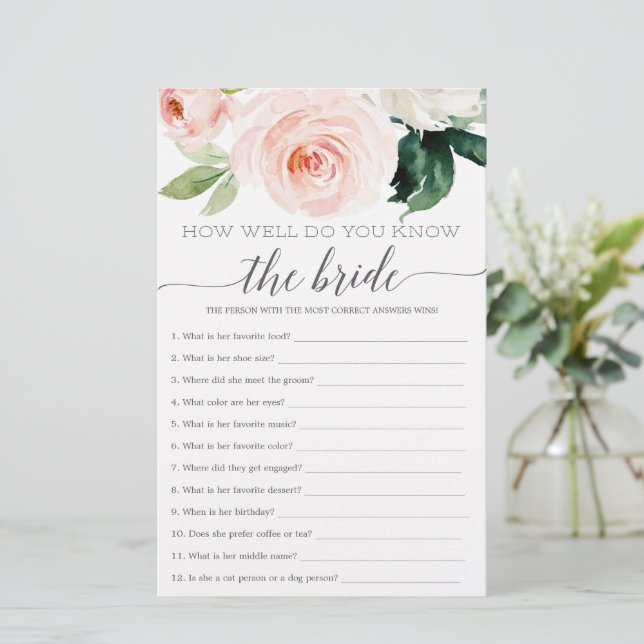 Double Sided Bridal Shower Game Blushing Blooms (Standing Front)