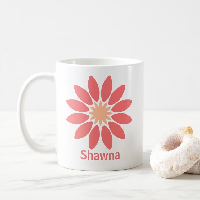 Double-Sided Custom Text and Stylised Coral Daisy Coffee Mug (With Donut)
