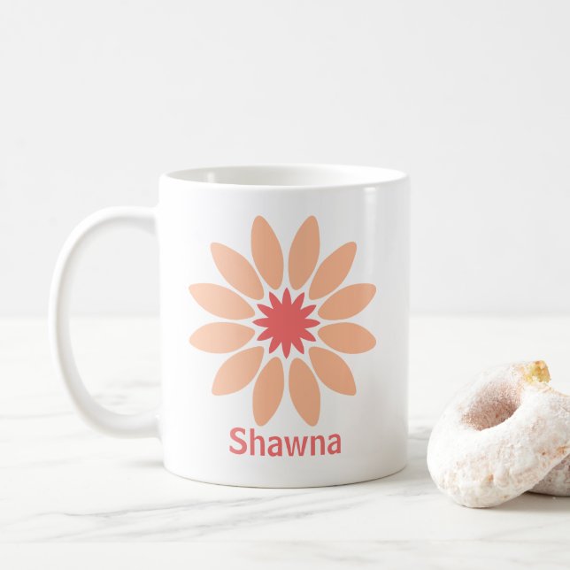 Double-Sided Custom Text and Stylised Peach Daisy Coffee Mug (With Donut)