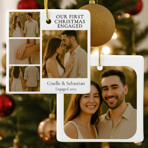 Double Sided First Christmas Engaged Photo Ceramic Ornament