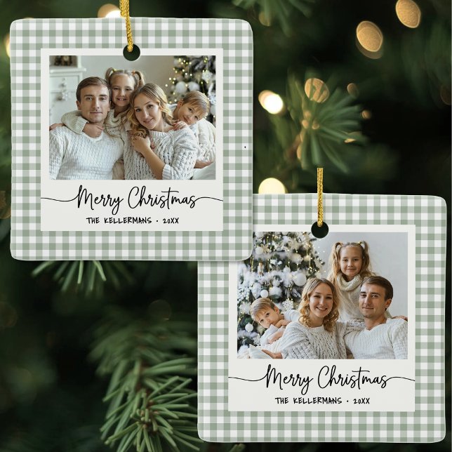 Double Sided Green Gingham Two Photo Ceramic Ornament (Double Sided Green Gingham Two Photo Ceramic Ornament )
