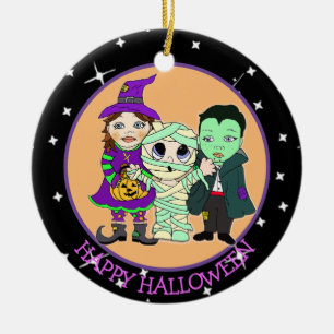 Double Sided Halloween Kids and Bats Keepsake Ceramic Tree Decoration