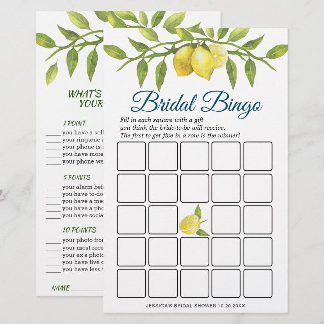 DOUBLE SIDED Lemon & Greenery Bridal Shower Game (Front/Back)