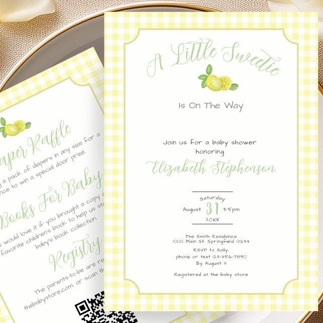 Double Sided Lemon Yellow Gingham Baby Shower  Invitation (Creator Uploaded)