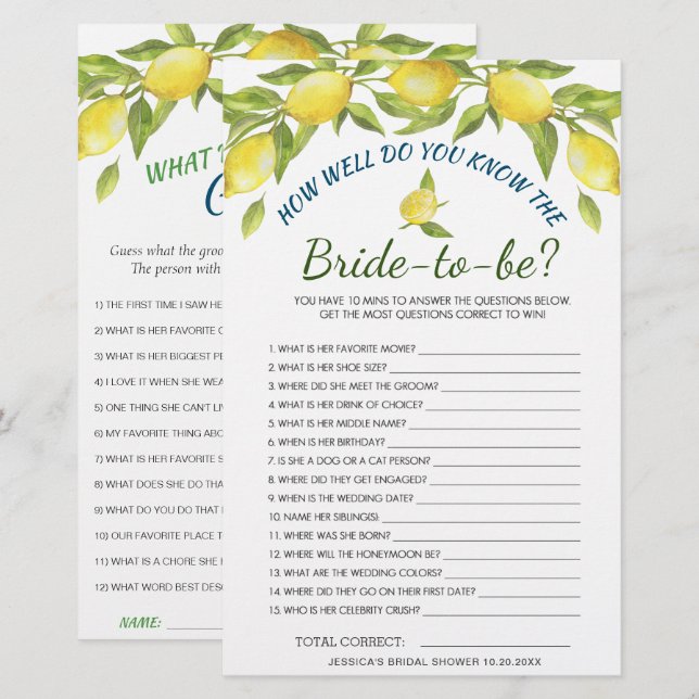 DOUBLE SIDED Lemons & Greenery Bridal Shower Game (Front/Back)