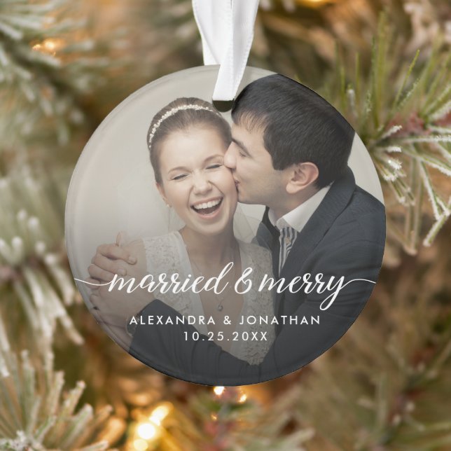 Double sided Married & Merry Newlywed Custom Photo Ornament (Tree)