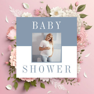 Double sided minimal blue photo baby shower  invitation