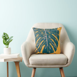 Double Sided Modern Tropical Monstera Leaf Linocut Cushion