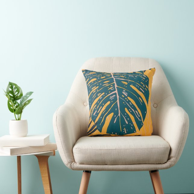 Double Sided Modern Tropical Monstera Leaf Linocut Cushion (Chair)