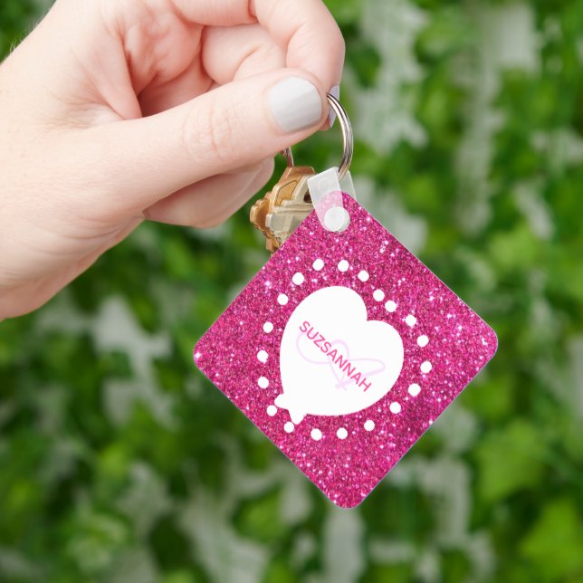 Double Sided Monogram Pink Glitter White Heart  Key Ring (Hand)
