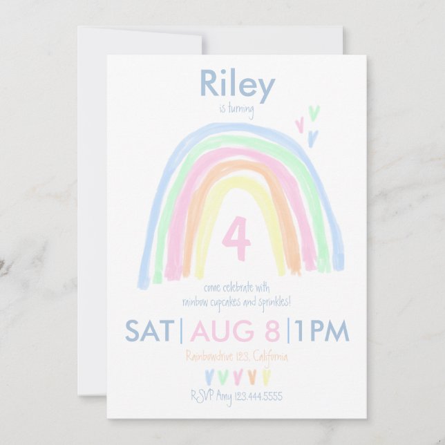 Double Sided Pastel Rainbow Birthday Party Invitation (Front)
