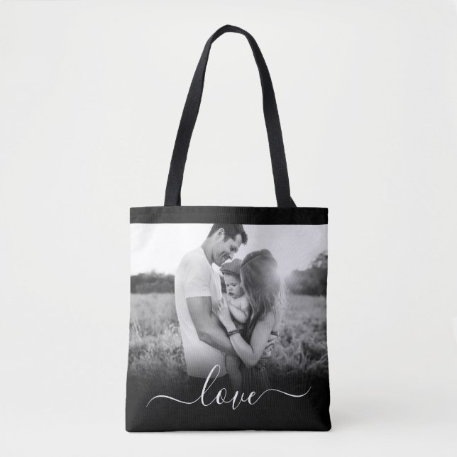 Double Sided Photo Love Text Black Carry Tote Bag (Front)