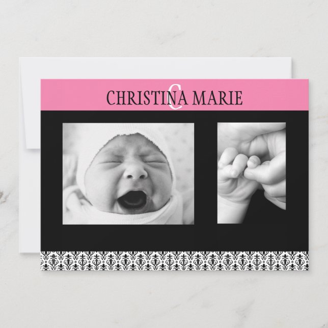 Double Sided Pink and Black Damask Announcement (Front)